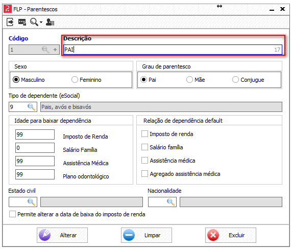 Cadastro de parentesco!
