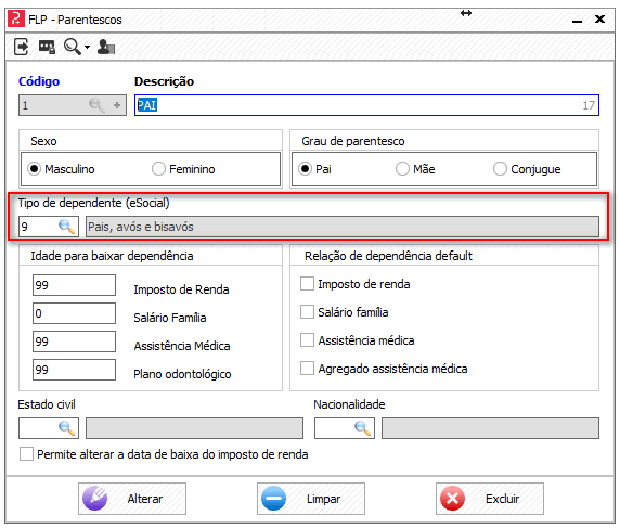 Cadastro de parentesco!